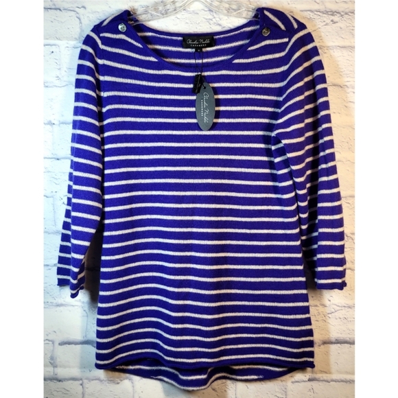 Claudia Nichole Cashmere Sweater Top Blue White Stripe Buttons Detail Size M NWT - Picture 4 of 11